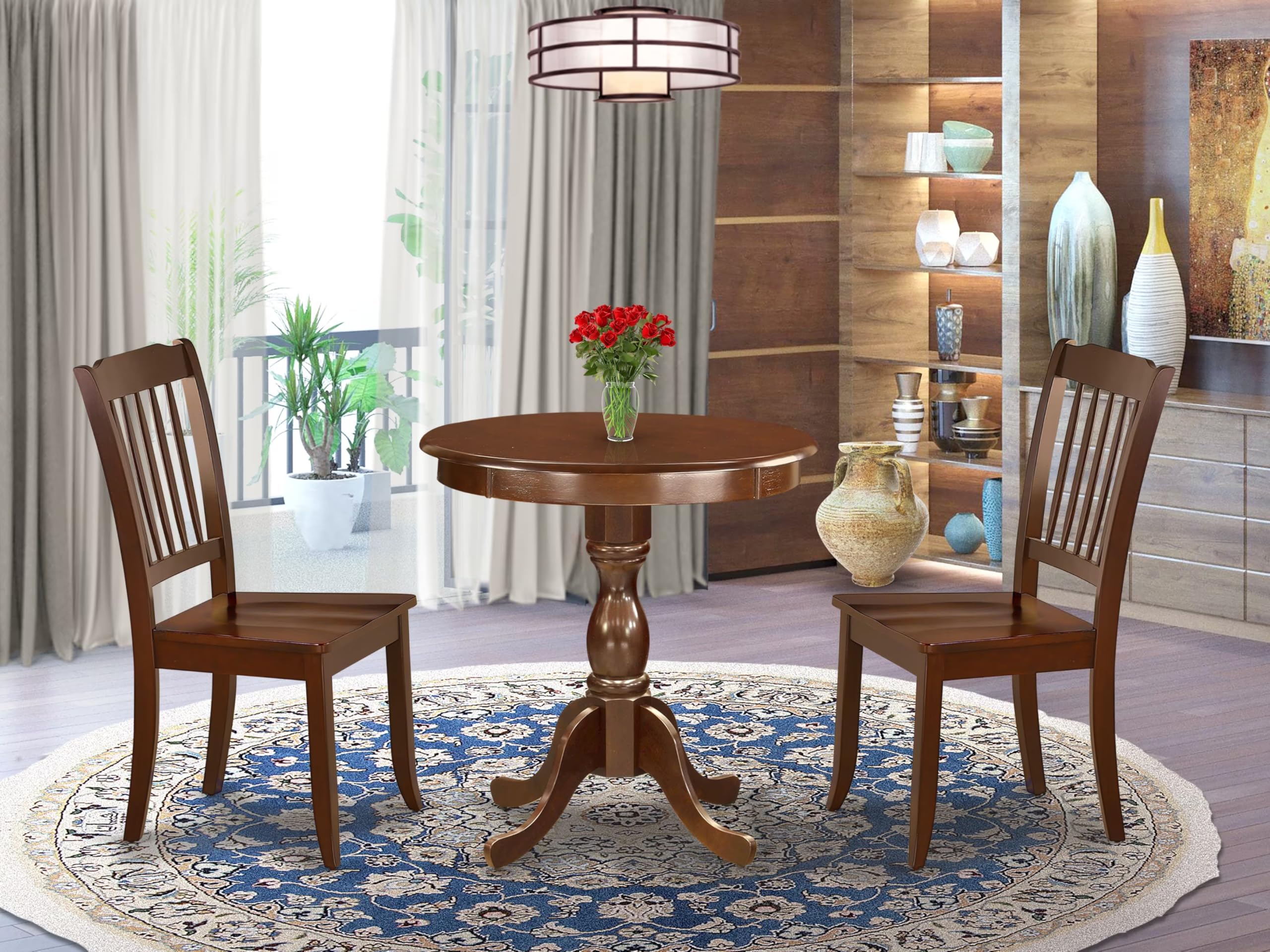 East West Furniture Esda3-Mah-W 3 Piece Modern Dining Table Set Contains A Round Wooden Table With Pedestal And 2 Dining Room Chairs, 30X30 Inch, Mahogany